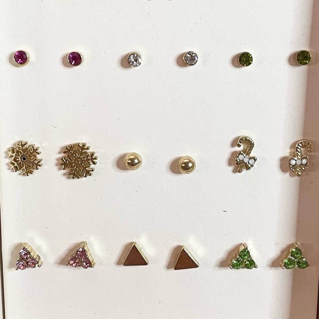 Christmas Gold, Pink Green Stud Earrings Snowflakes 9 Pairs Included